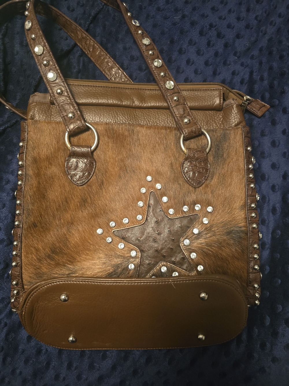 Leather & Haircalf Star Studded Shoulder Bag in Brown